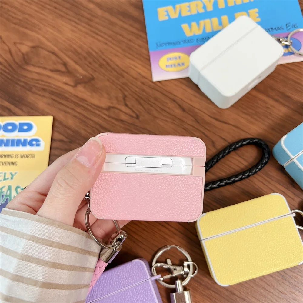 For Apple AirPods Pro Charging Case Cover Litchi Texture PU+TPU Protective Headset Case with Strap - Pink - 3