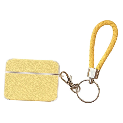 For Apple AirPods Pro 2 Protective Case Litchi Texture PU+TPU Bluetooth-compatible Earbuds Charging Case Cover with Strap - Yellow - 1