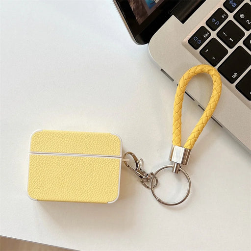 For Apple AirPods Pro 2 Protective Case Litchi Texture PU+TPU Bluetooth-compatible Earbuds Charging Case Cover with Strap - Yellow - 2