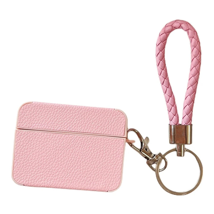 Shockproof Cover for Apple AirPods 3 Litchi Texture PU+TPU Bluetooth-compatible Headset Case with Strap - Pink - 1