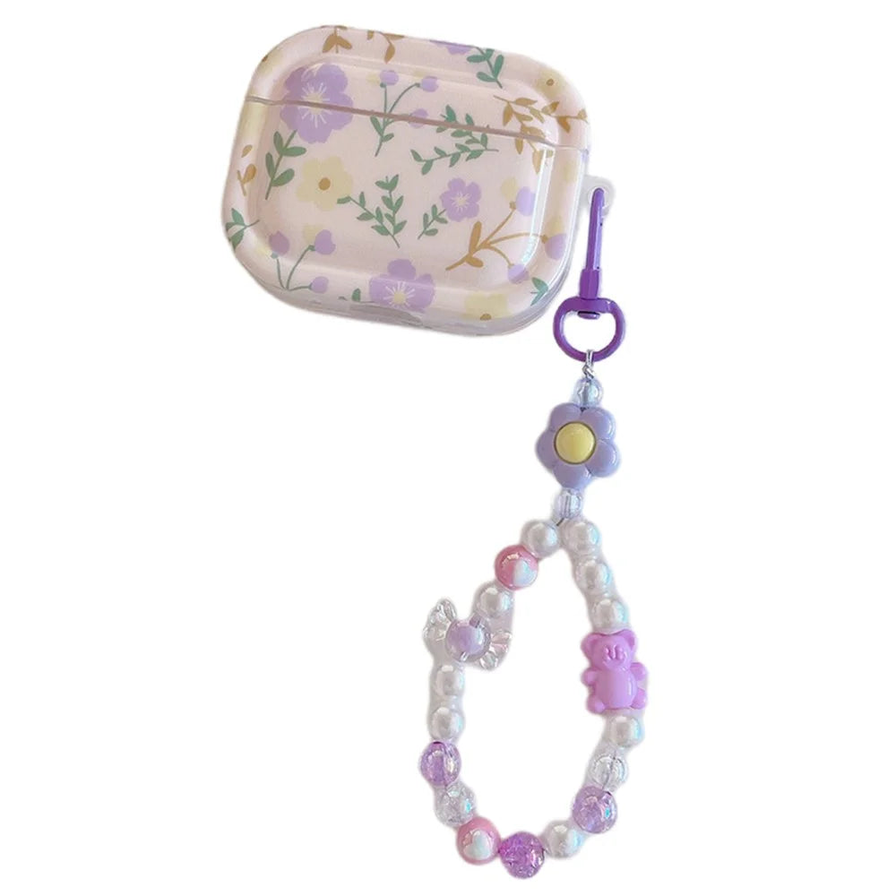 For Apple AirPods Pro Bluetooth-compatible Earphone Case IMD Purple Flower Earbud TPU Cover with Wrist Chain - 1