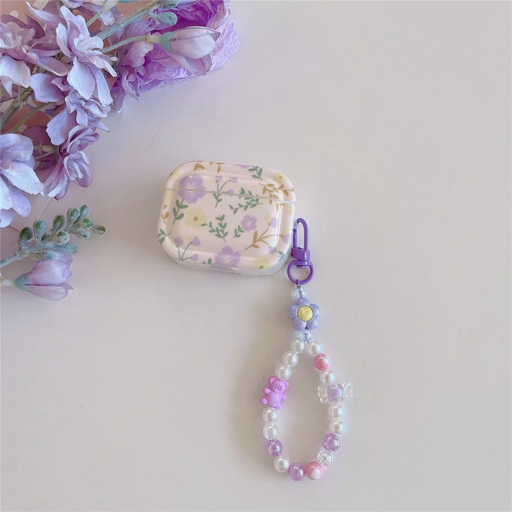 For Apple AirPods Pro Bluetooth-compatible Earphone Case IMD Purple Flower Earbud TPU Cover with Wrist Chain - 3