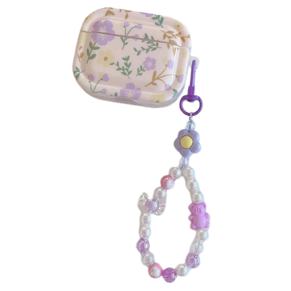 TPU Earphone Case for Apple AirPods 3 , IMD Purple Flower Bluetooth-compatible Earbud Cover with Wrist Chain - 1