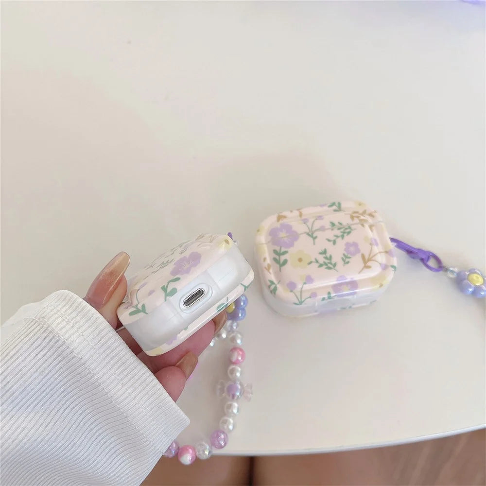 TPU Earphone Case for Apple AirPods 3 , IMD Purple Flower Bluetooth-compatible Earbud Cover with Wrist Chain - 4