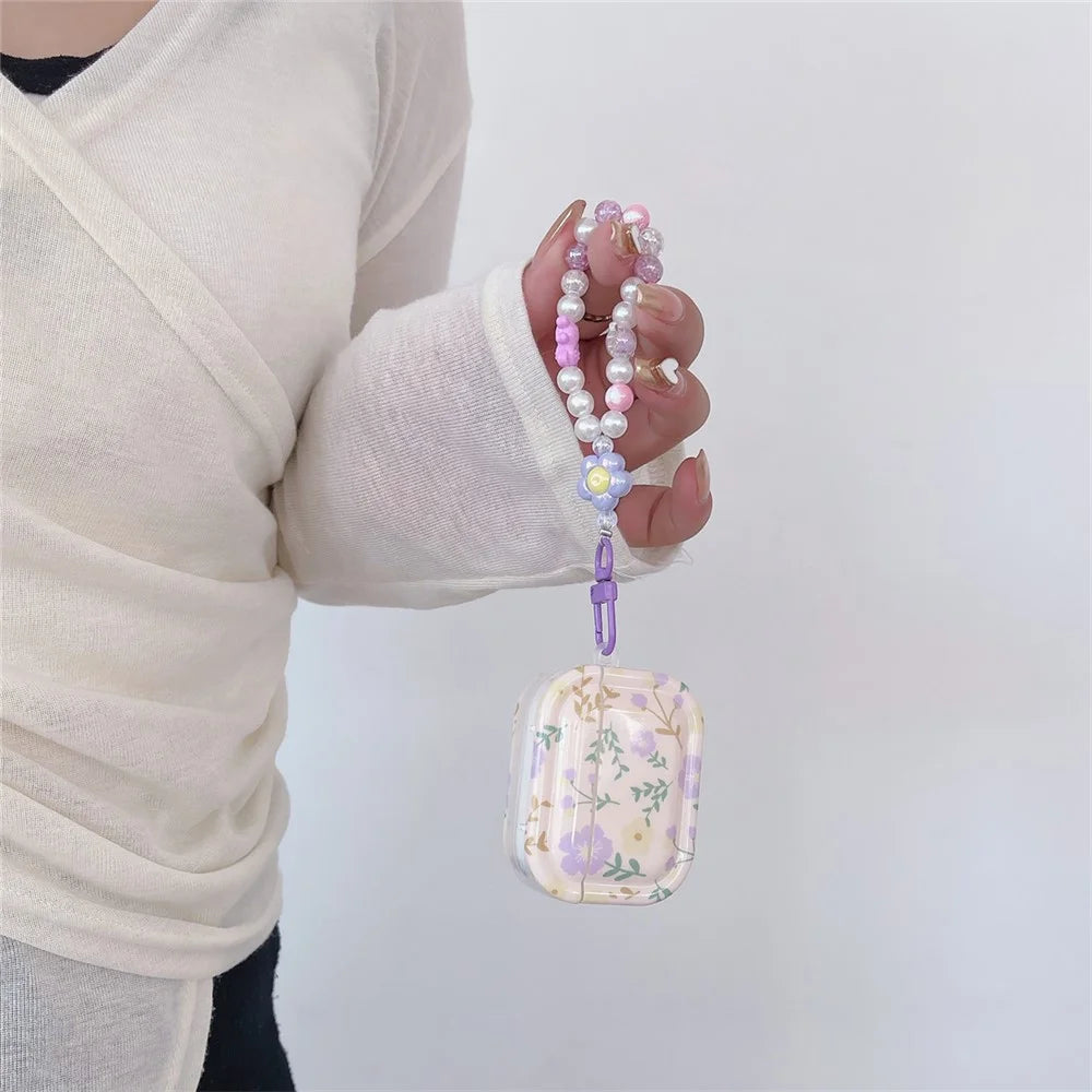 TPU Earphone Case for Apple AirPods 3 , IMD Purple Flower Bluetooth-compatible Earbud Cover with Wrist Chain - 5