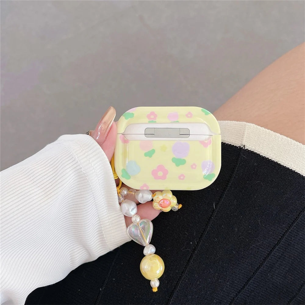For Apple AirPods Pro Earphone Case Flower Pattern IMD Bluetooth-compatible Earbud TPU Cover with Pendant - 2