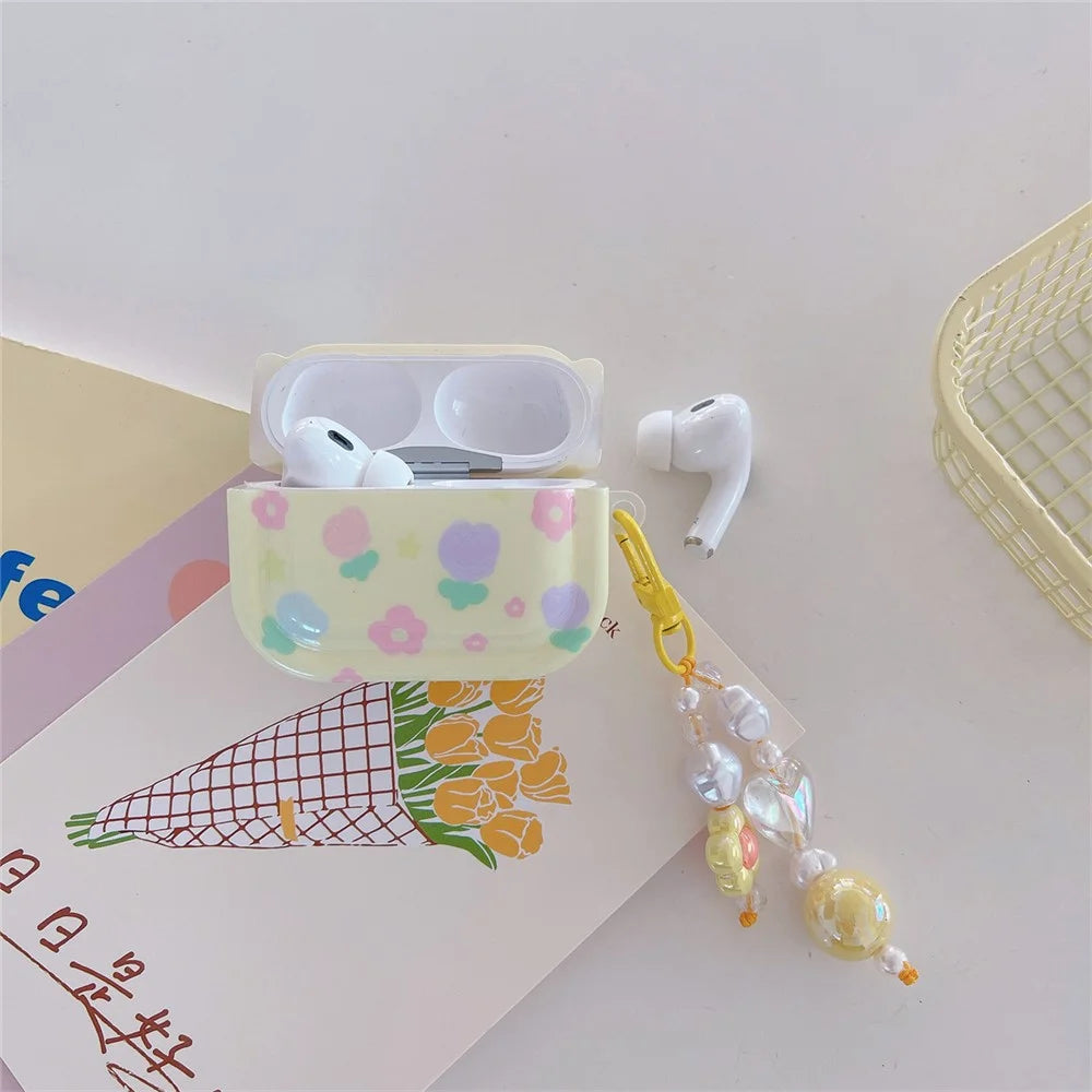 For Apple AirPods Pro Earphone Case Flower Pattern IMD Bluetooth-compatible Earbud TPU Cover with Pendant - 4