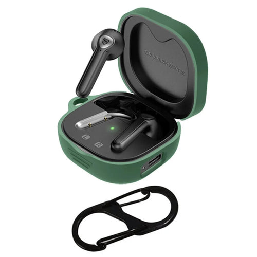 For SoundPEATS TrueAir2 Anti-drop Case Bluetooth-compatible Earphone Silicone Cover with Anti-lost Buckle - Blackish Green - 1