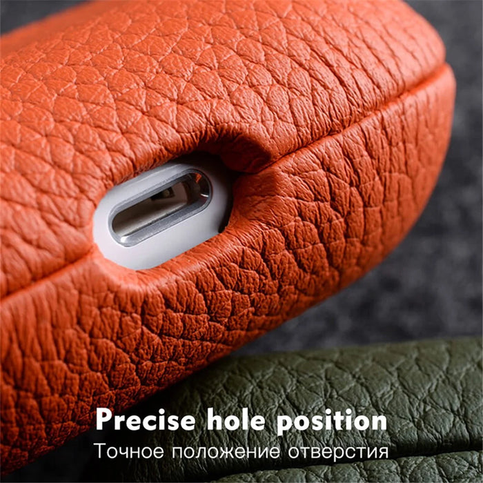 MELKCO Earphone Case for Apple AirPods Pro Genuine Cow Leather Coated PC Protective Shockproof Cover - Orange - 3