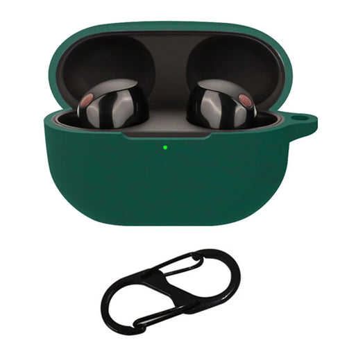 For Sony WF-1000XM5 Silicone Sleeve Drop Protection Cover Bluetooth-compatible Headphone Case with Hanging Buckle -Blackish Green - 1