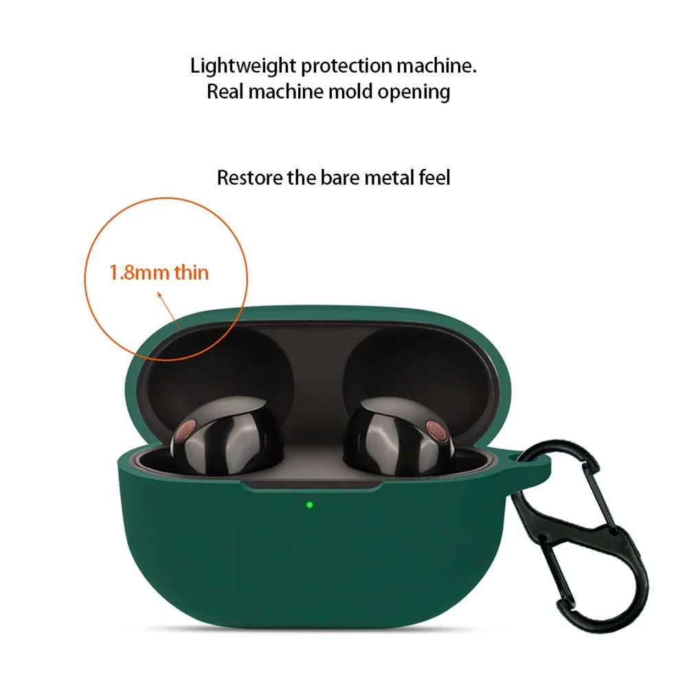 For Sony WF-1000XM5 Silicone Sleeve Drop Protection Cover Bluetooth-compatible Headphone Case with Hanging Buckle -Blackish Green - 2