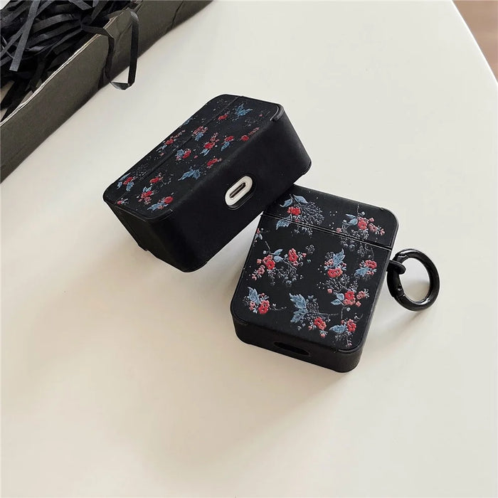 Flower Pattern Earphone Case for Apple AirPods 3 , Bluetooth-compatible Earbud Leather Coated TPU Cover with Ring Buckle - 3