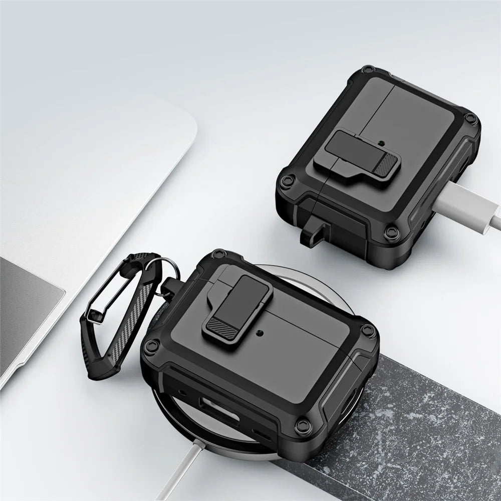 For AirPods Pro 2 Shockproof TPU+PC Case Bluetooth-compatible Earbuds Charging Case Cover with Buckle - Black - 6
