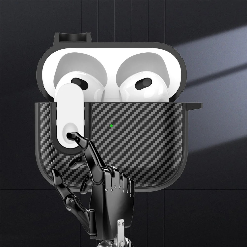 For Apple AirPods 3 TPU+PC Headset Case Buckle Design Carbon Fiber Cover with Anti Lost Hook - Black+White - 3