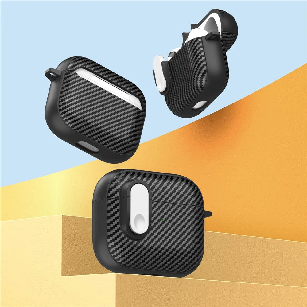 For Apple AirPods 3 TPU+PC Headset Case Buckle Design Carbon Fiber Cover with Anti Lost Hook - Black+White - 4
