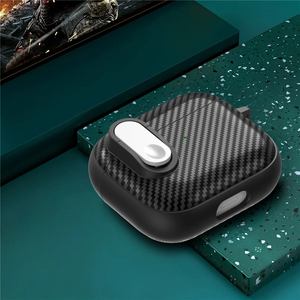 For Apple AirPods 3 TPU+PC Headset Case Buckle Design Carbon Fiber Cover with Anti Lost Hook - Black+White - 5