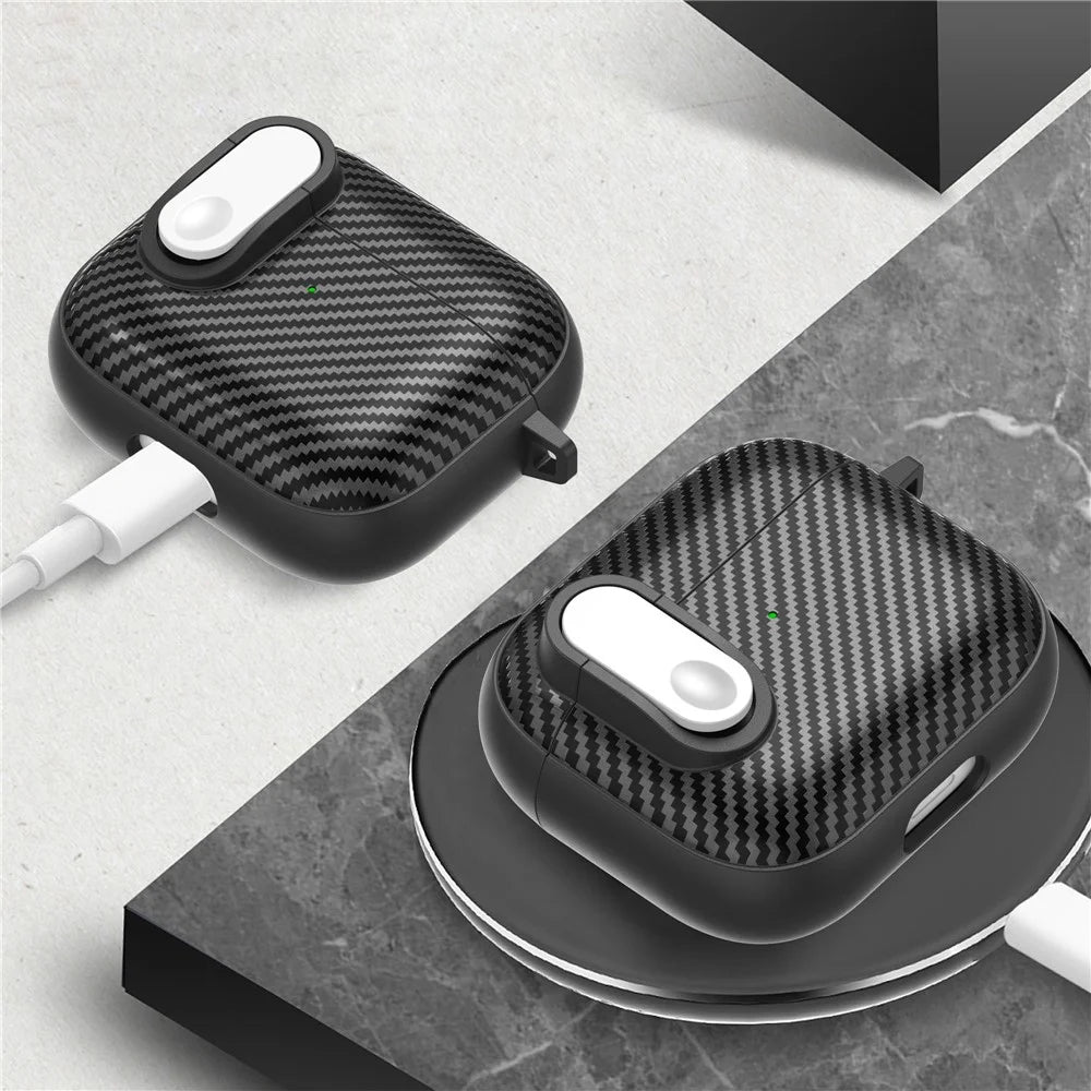 For Apple AirPods 3 TPU+PC Headset Case Buckle Design Carbon Fiber Cover with Anti Lost Hook - Black+White - 6