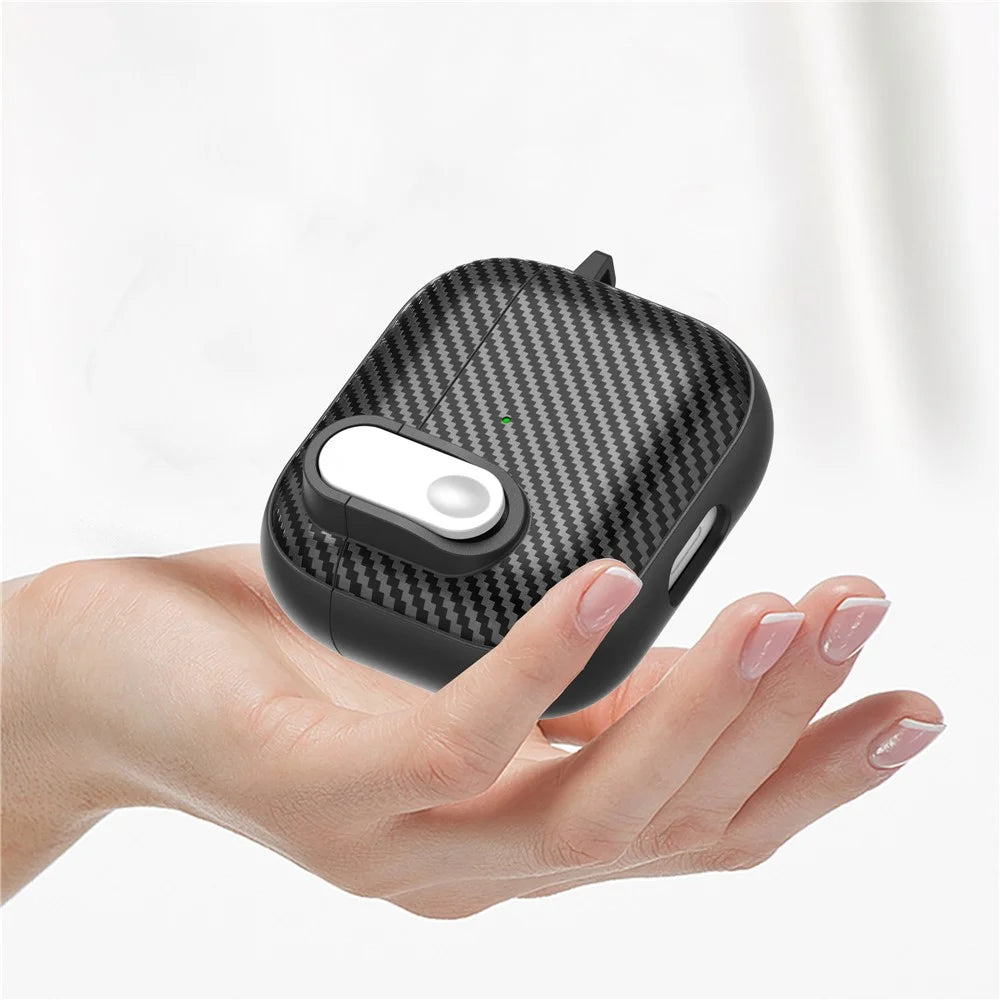 For Apple AirPods 3 TPU+PC Headset Case Buckle Design Carbon Fiber Cover with Anti Lost Hook - Black+White - 7