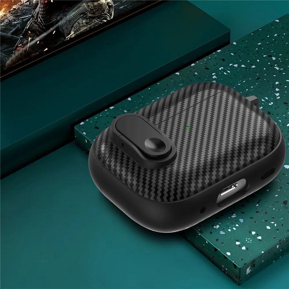 For AirPods Pro 2 Colorful Buckle Earphone Case Carbon Fiber TPU+PC Protective Cover with Keychain - Black+Black - 3