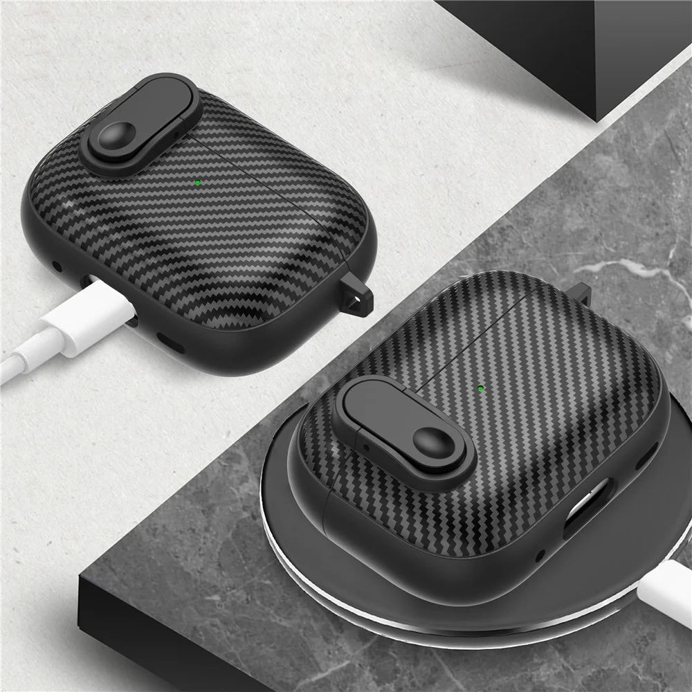 For AirPods Pro 2 Colorful Buckle Earphone Case Carbon Fiber TPU+PC Protective Cover with Keychain - Black+Black - 4