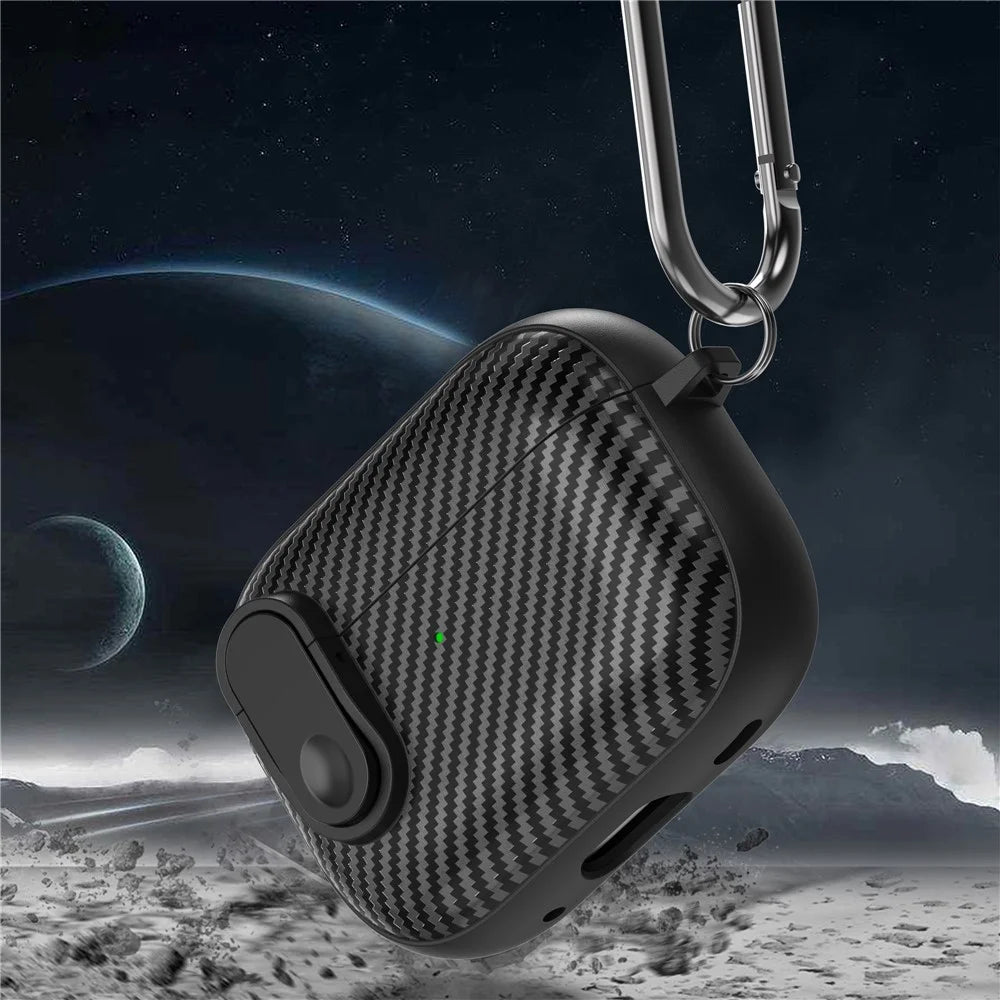 For AirPods Pro 2 Colorful Buckle Earphone Case Carbon Fiber TPU+PC Protective Cover with Keychain - Black+Black - 6