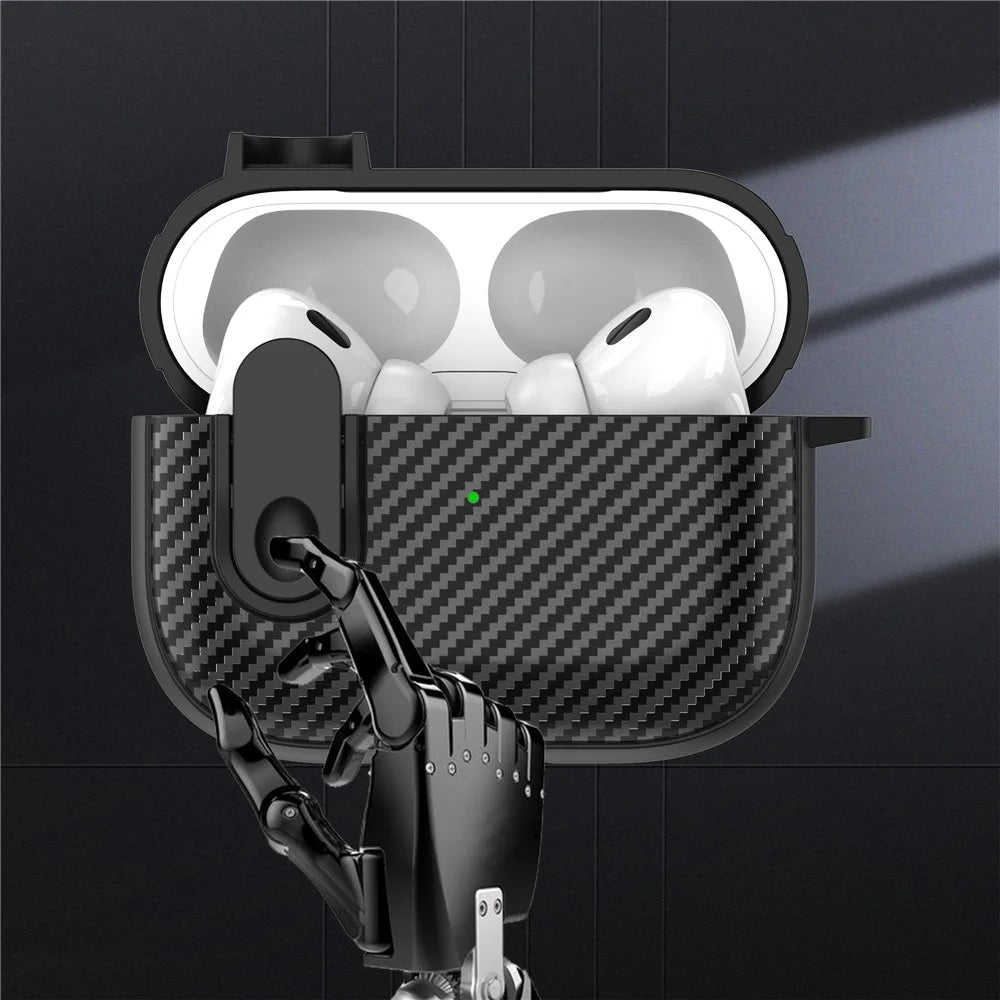 For Apple AirPods Pro Wireless Earbuds Case Carbon Fiber TPU+PC Colorful Buckle Cover with Keychain - Black+Black - 2