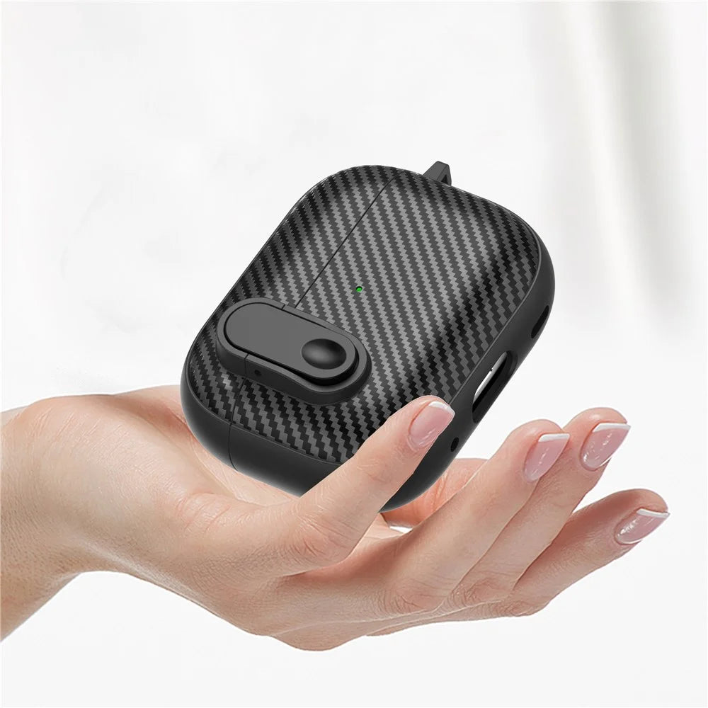 For Apple AirPods Pro Wireless Earbuds Case Carbon Fiber TPU+PC Colorful Buckle Cover with Keychain - Black+Black - 5