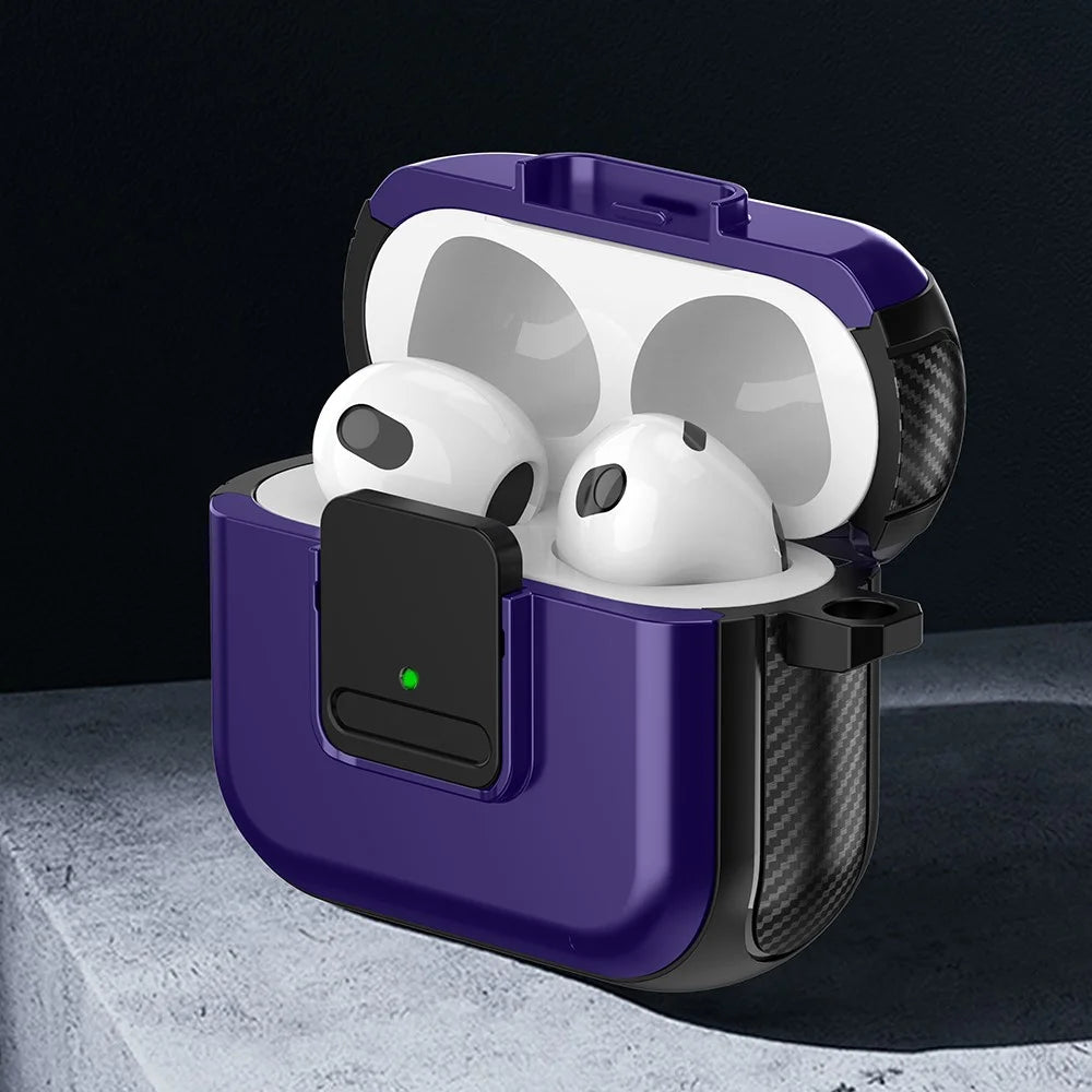 For Apple AirPods 3 Bluetooth-compatible Earphone Magnetic Case Buckle Design Earbud TPU Cover with Carabiner - Black+Purple - 2