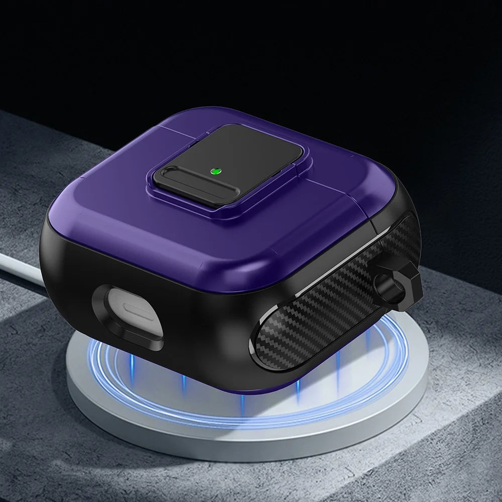 For Apple AirPods 3 Bluetooth-compatible Earphone Magnetic Case Buckle Design Earbud TPU Cover with Carabiner - Black+Purple - 3
