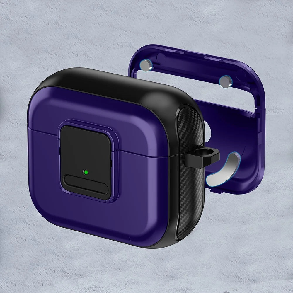 For Apple AirPods 3 Bluetooth-compatible Earphone Magnetic Case Buckle Design Earbud TPU Cover with Carabiner - Black+Purple - 5