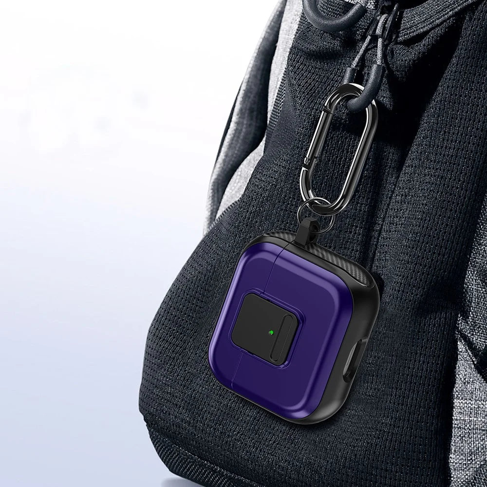 For Apple AirPods 3 Bluetooth-compatible Earphone Magnetic Case Buckle Design Earbud TPU Cover with Carabiner - Black+Purple - 7