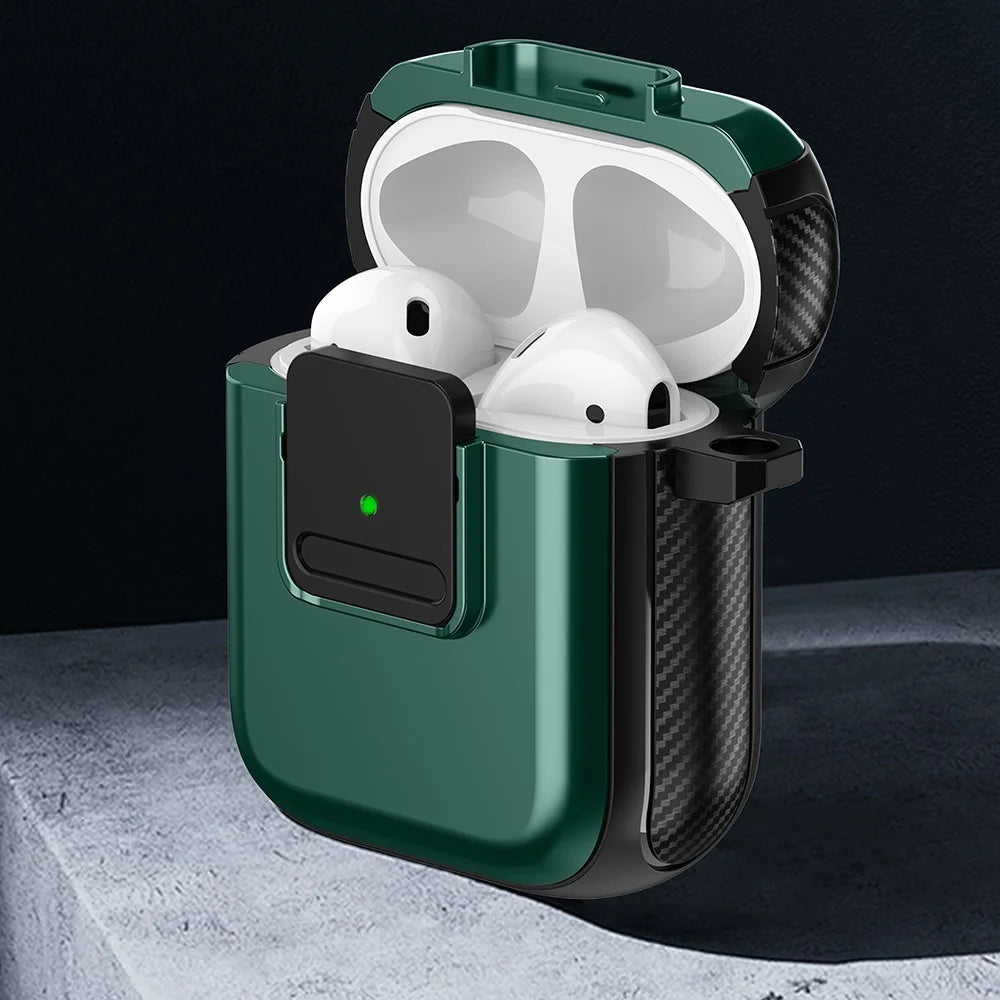 Magnetic Case for Apple AirPods with Charging Case (2016) / (2019) / AirPods with Wireless Charging Case (2019) TPU Earphone Cover with Carabiner - Black+Green - 2
