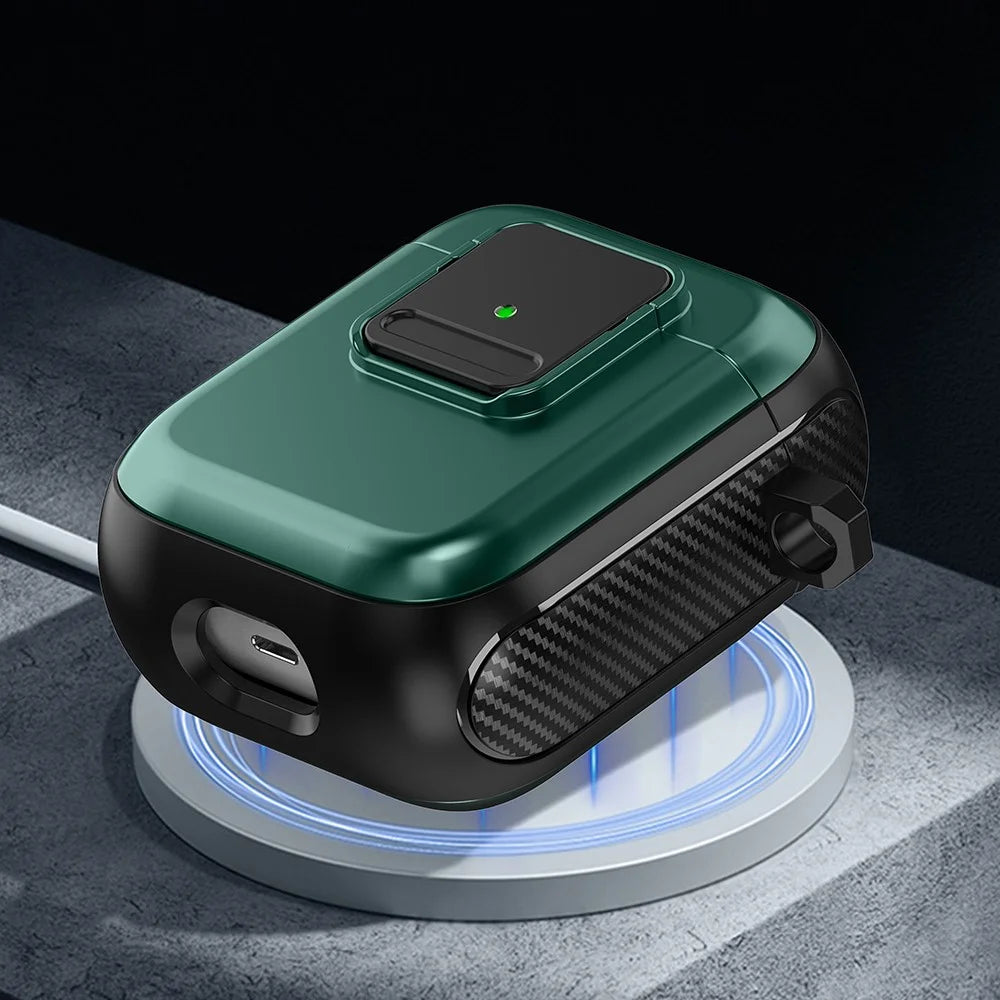Magnetic Case for Apple AirPods with Charging Case (2016) / (2019) / AirPods with Wireless Charging Case (2019) TPU Earphone Cover with Carabiner - Black+Green - 3