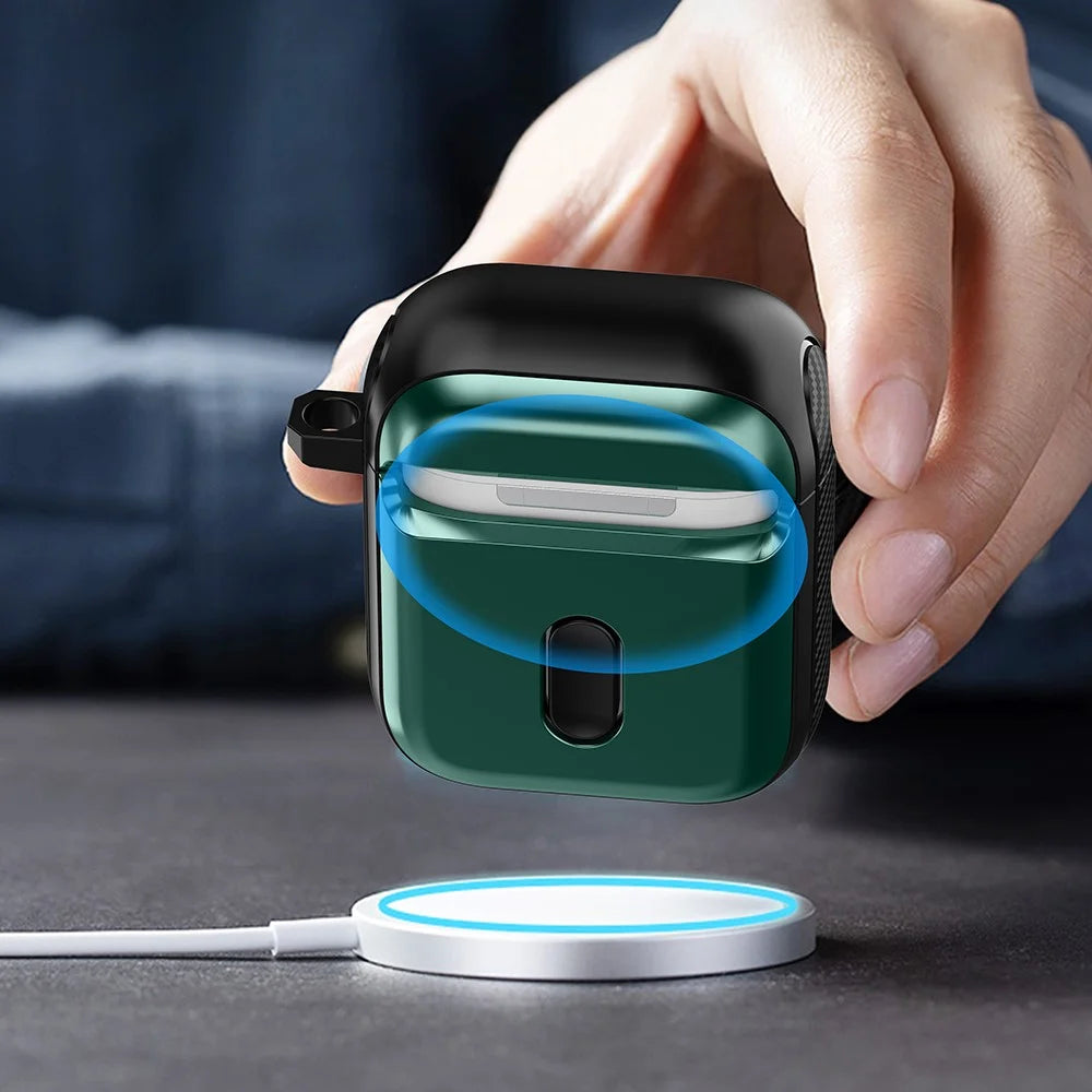 Magnetic Case for Apple AirPods with Charging Case (2016) / (2019) / AirPods with Wireless Charging Case (2019) TPU Earphone Cover with Carabiner - Black+Green - 4