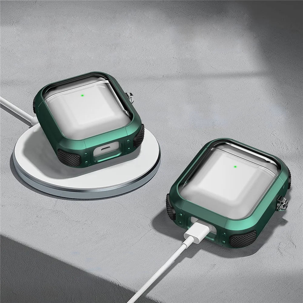 Earphone Case for Apple AirPods with Charging Case (2016) / (2019) / AirPods with Wireless Charging Case (2019) PC+TPU Clear Cover with Carabiner - Green - 5