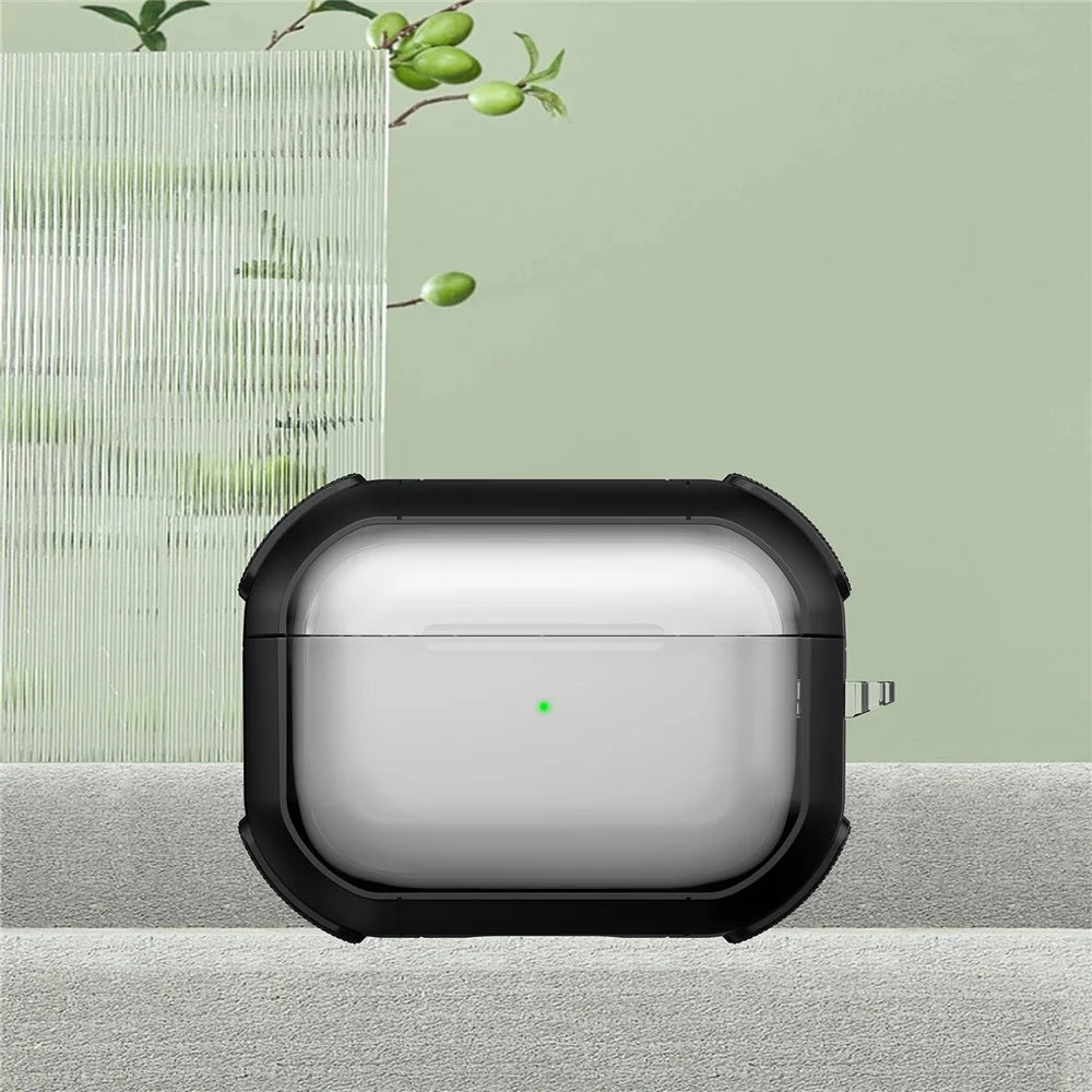 For Apple AirPods Pro Bluetooth-compatible Earphone Case Transparent PC+TPU Earbud Cover with Carabiner - Black - 2