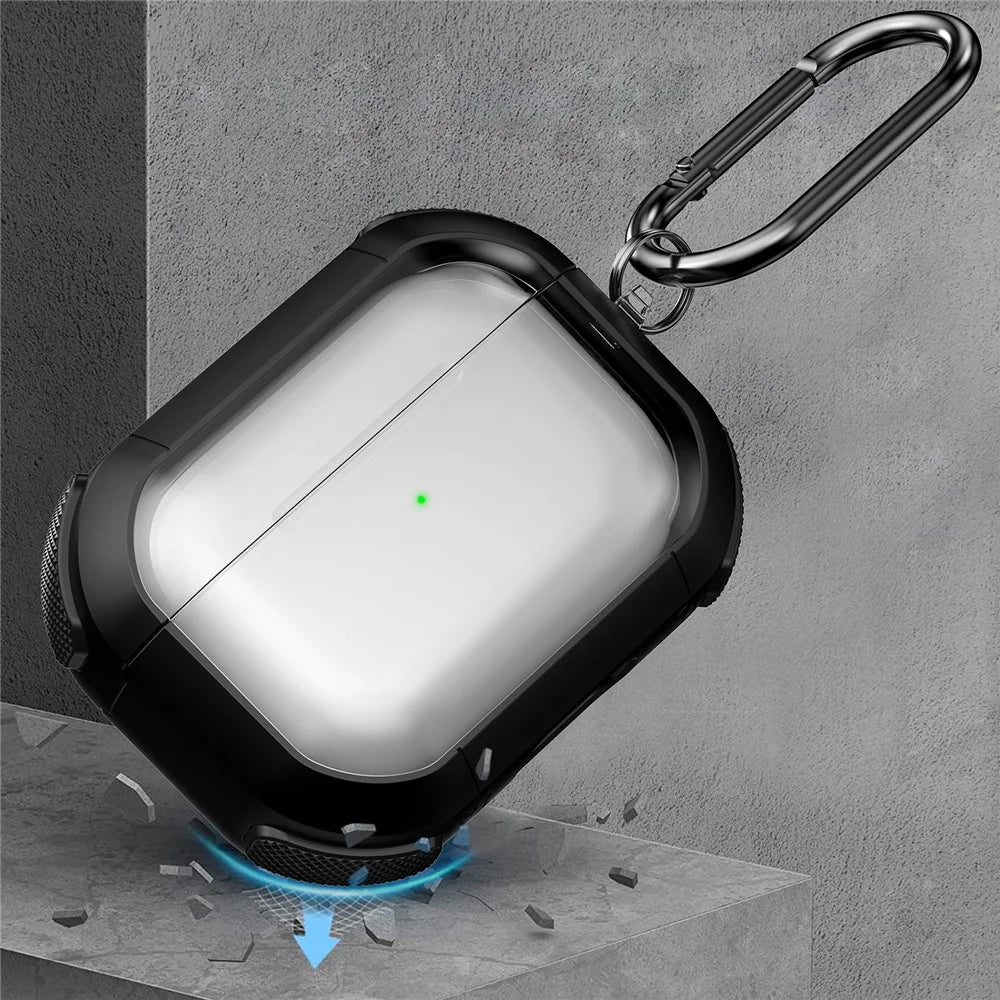 For Apple AirPods Pro Bluetooth-compatible Earphone Case Transparent PC+TPU Earbud Cover with Carabiner - Black - 7
