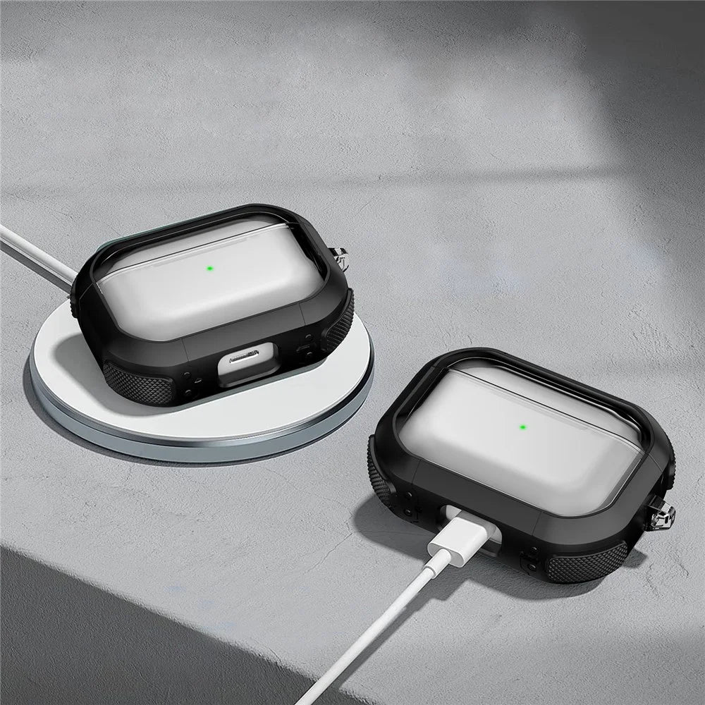 For Apple AirPods Pro 2 PC+TPU Earphone Case Bluetooth-compatible Earbud Transparent Anti-drop Cover with Carabiner - Black - 5