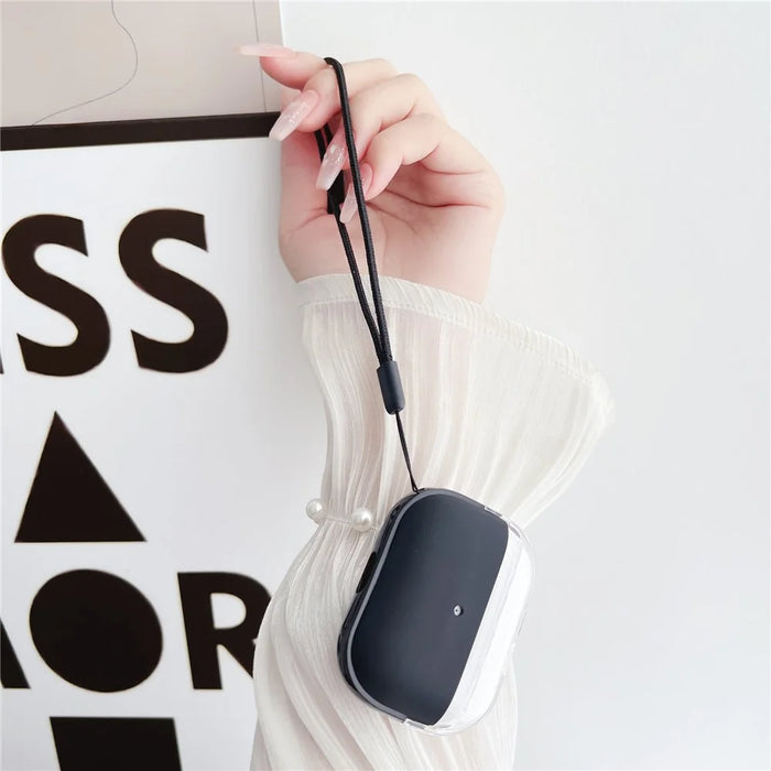 For Apple AirPods Pro Charging Case Cover Bluetooth-compatible Headset Shockproof TPU Cover with Wrist Strap - Transparent+Black - 2
