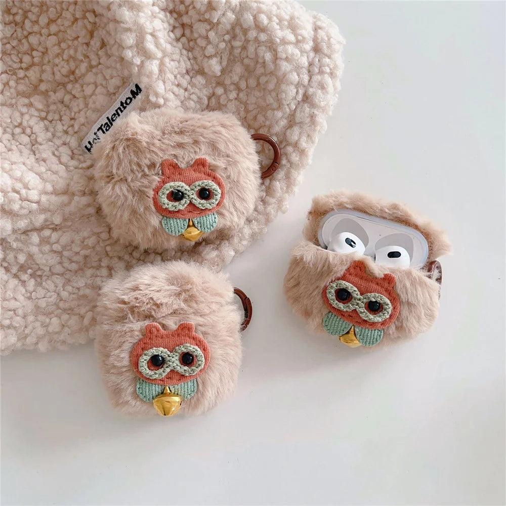 For Apple AirPods Pro Earphone Cover Cute Owl Soft Plush Protection Case with Hanging Buckle - 6