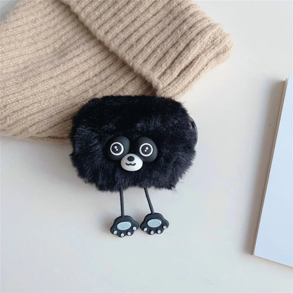 For Apple AirPods Pro 2 Case Cartoon Raccoon Bluetooth-compatible Earphone Plush Cover with Ring Buckle - Black - 2