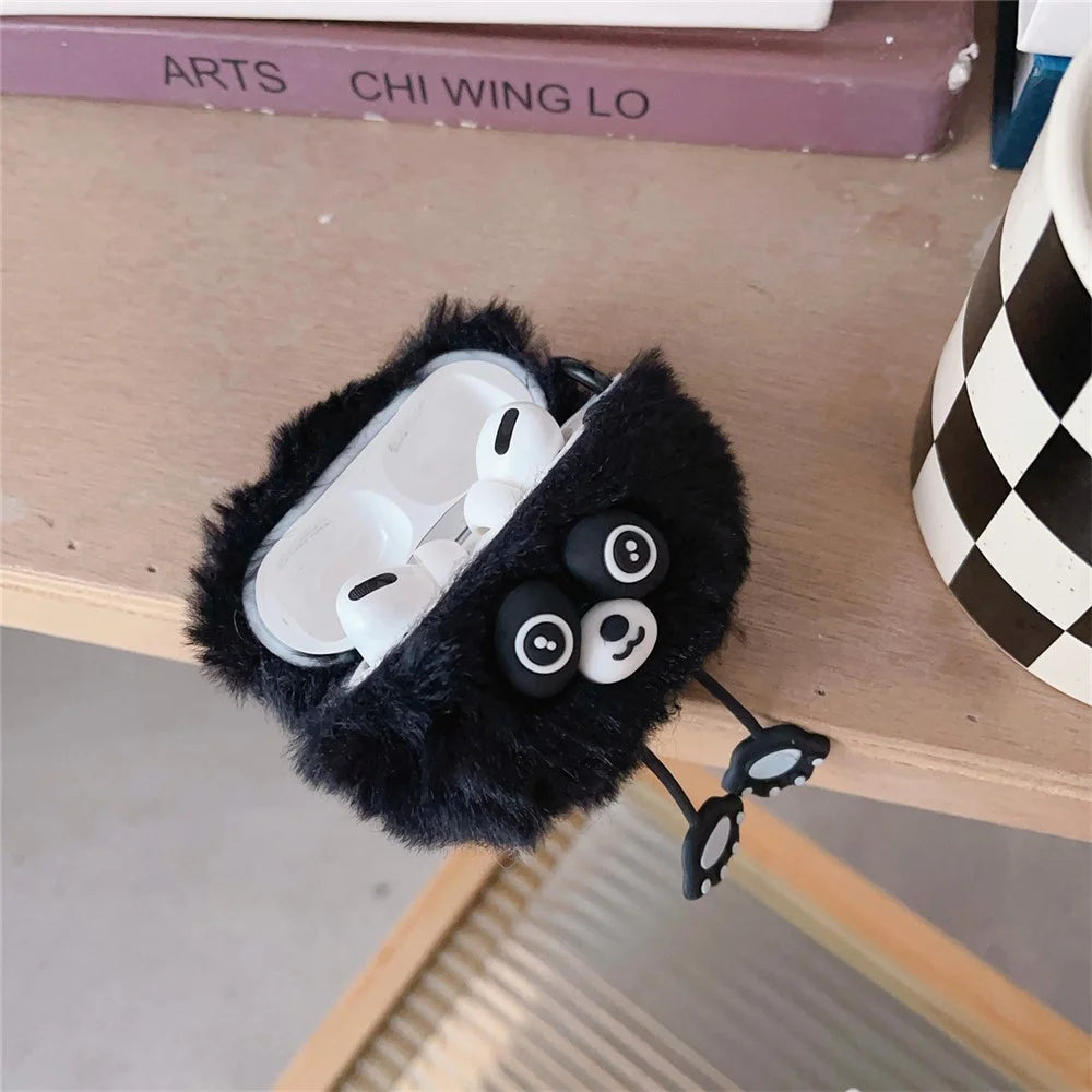 For Apple AirPods Pro 2 Case Cartoon Raccoon Bluetooth-compatible Earphone Plush Cover with Ring Buckle - Black - 3