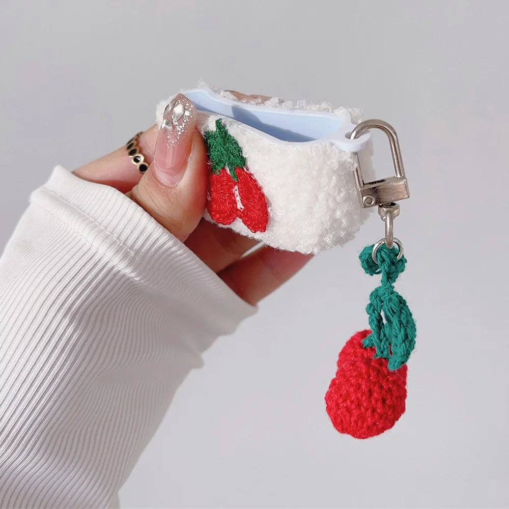 For Apple AirPods Pro 2 Cherry Earphone Case Bluetooth-compatible Earbud Plush Fluff Cover with Pendant - 4