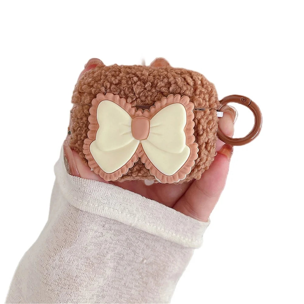 For Apple AirPods Pro Earphone Case Bowknot Fluffy Plush Earbud Cover with Ring Buckle - 1