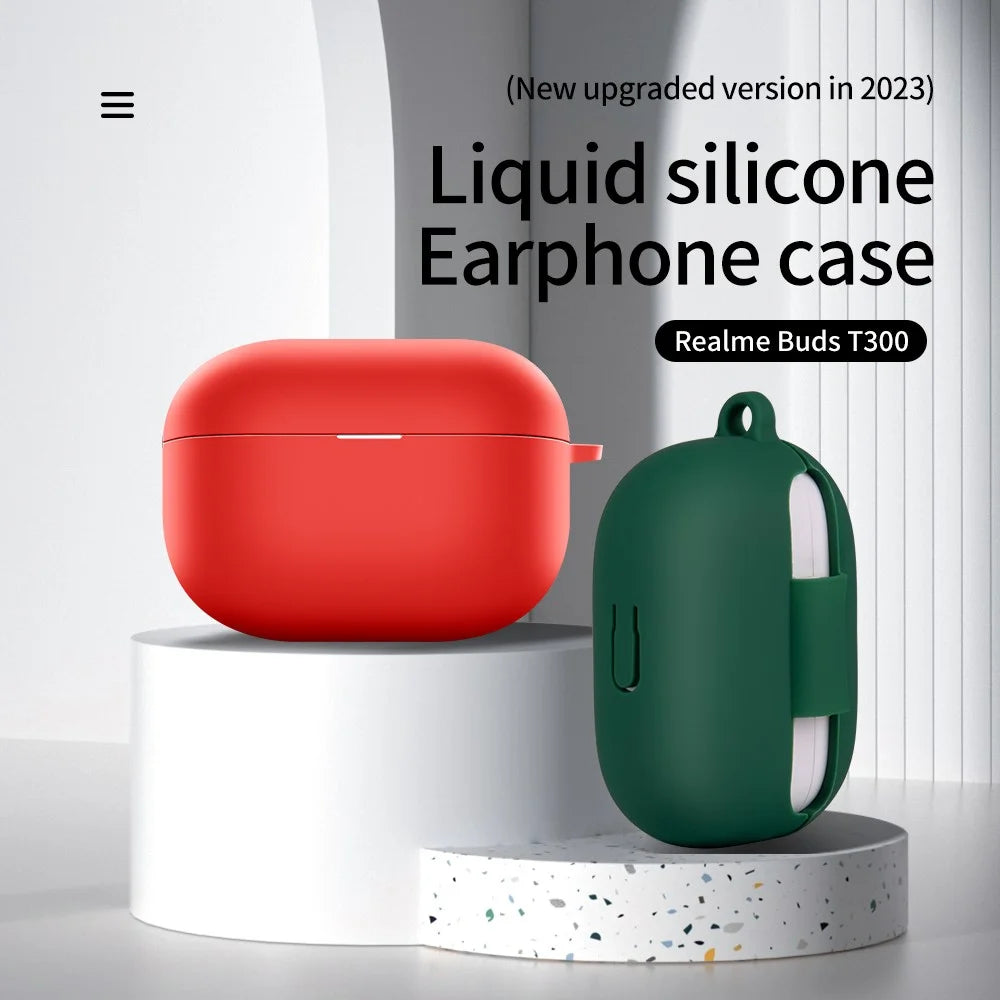 For Realme Buds T300 Silicone Case Dustproof Earphone Cover Bluetooth-compatible Headset Sleeve with Buckle - Red - 2