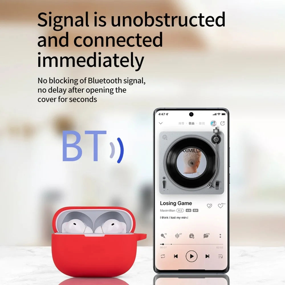For Realme Buds T300 Silicone Case Dustproof Earphone Cover Bluetooth-compatible Headset Sleeve with Buckle - Red - 7