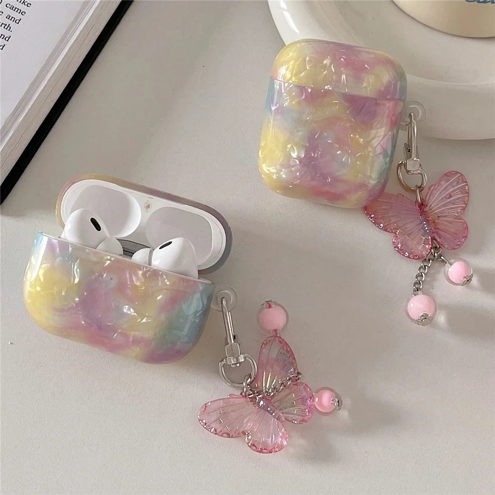 For Apple AirPods Pro Cover Rainbow Shell Texture TPU Earphone Case with Butterfly Pendant - 2