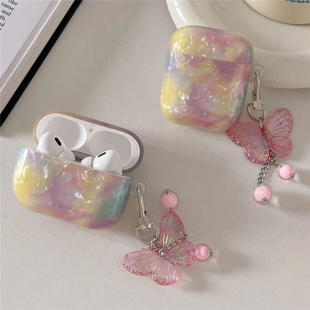 For AirPods Pro 2 Rainbow Shell Texture TPU Cover Anti-drop Earphone Case with Butterfly Pendant - 3