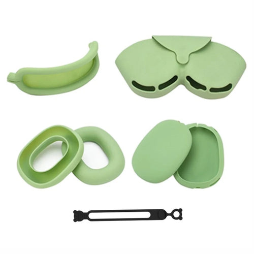 For AirPods Max Headphone Silicone Earmuff Shell Earpad Cover Headbeam Cover Storage Bag Set - Matcha Green - 1