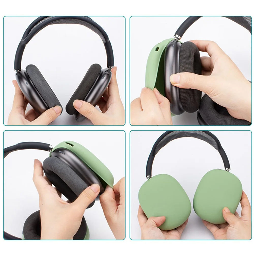 For AirPods Max Headphone Silicone Earmuff Shell Earpad Cover Headbeam Cover Storage Bag Set - Matcha Green - 2